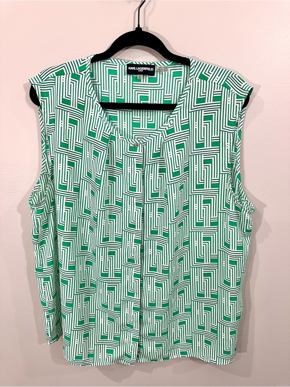 Karl Lagerfeld Green and White Geometric Print Sleeveless Blouse, XL